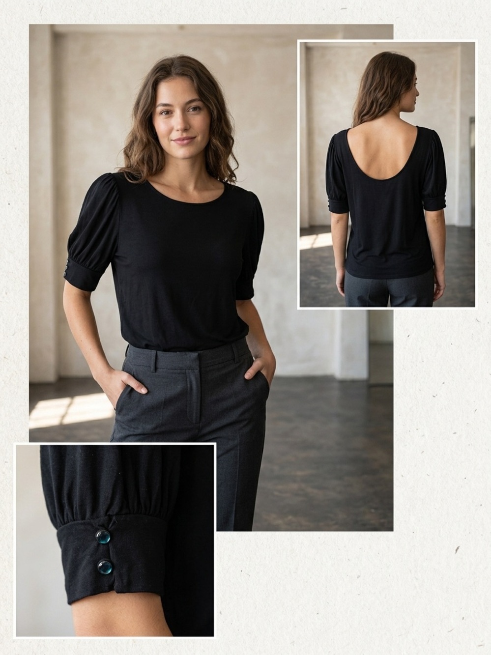 Pink Clover Black Short Sleeve Top with Button Cuffs